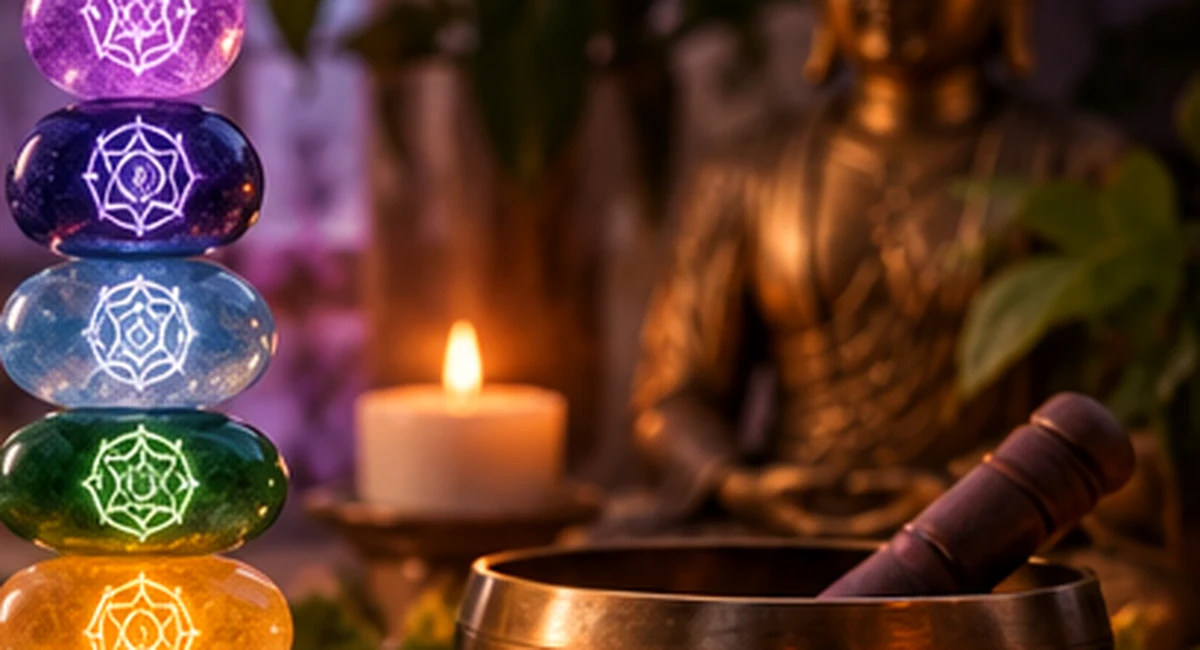 Sieben farbige Chakra-Symbole als Steine neben Kerzenlicht und einer Klangschale.