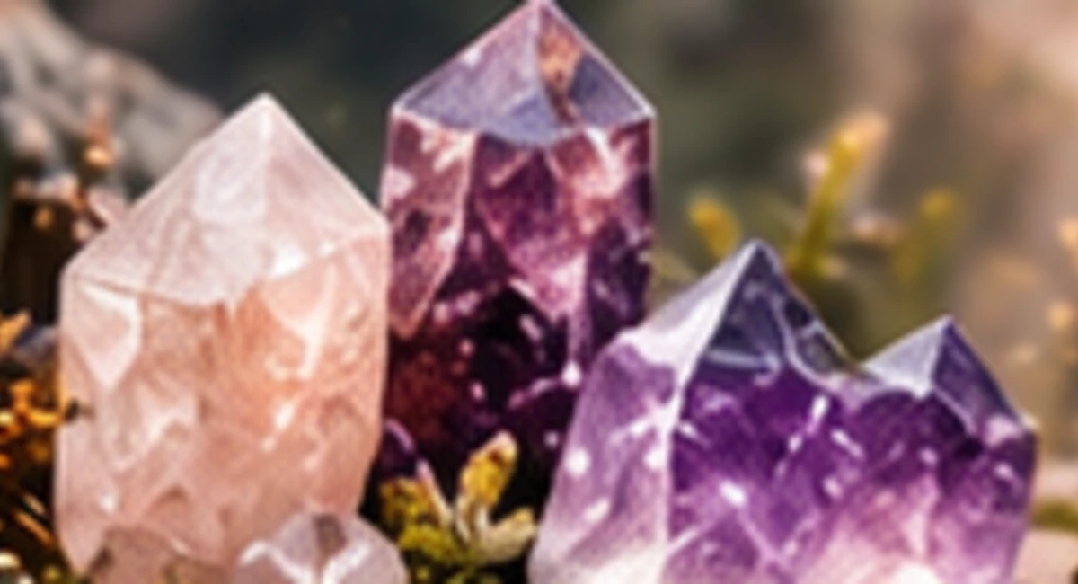 Verschiedene naturbelassene Kristalle und Heilsteine in violetten, rosafarbenen und klaren Tönen.