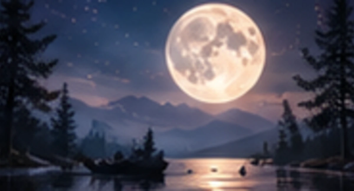 Vollmond über einem ruhigen See zwischen dunklen Bäumen und Bergen.
