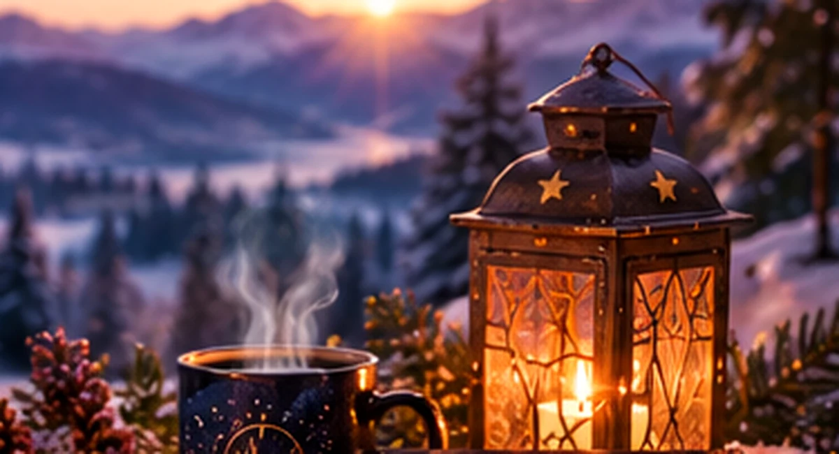 Leuchtende Laterne und warme Tasse vor einer winterlichen Berglandschaft zur Dämmerung.