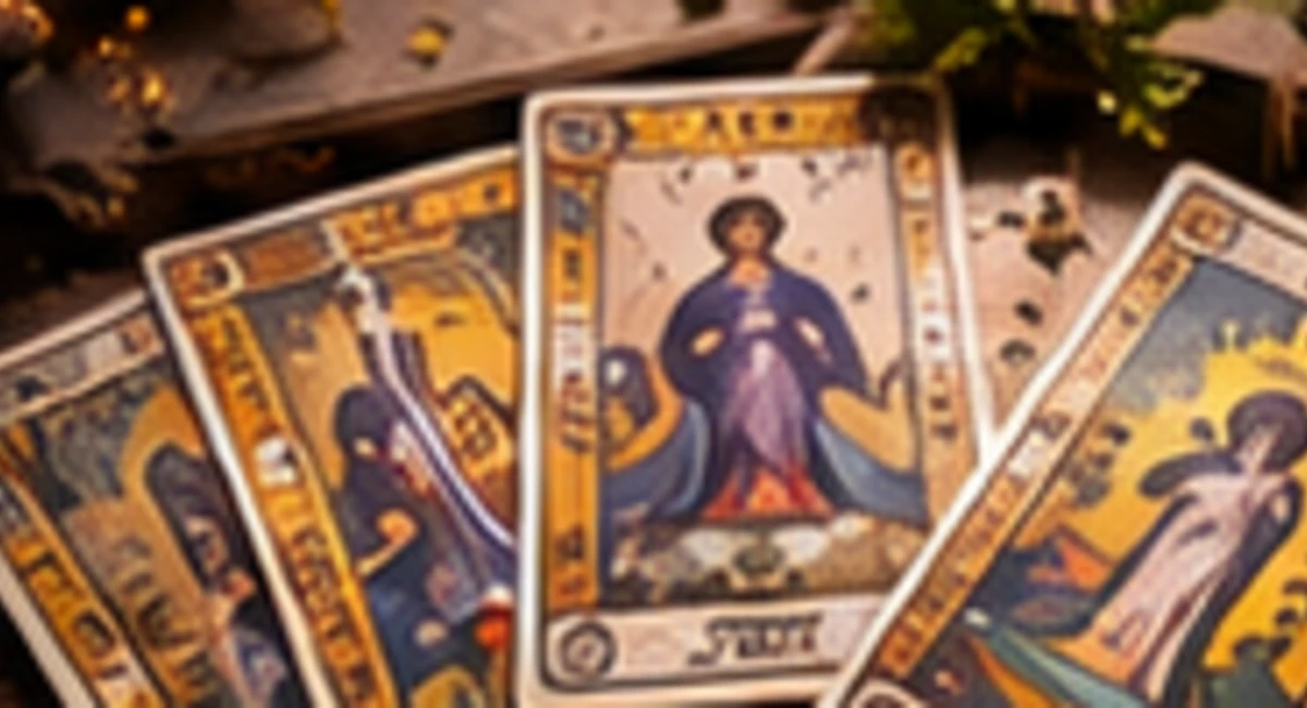 Mehrere Tarotkarten in warmer, stimmungsvoller Beleuchtung auf einem Tisch.