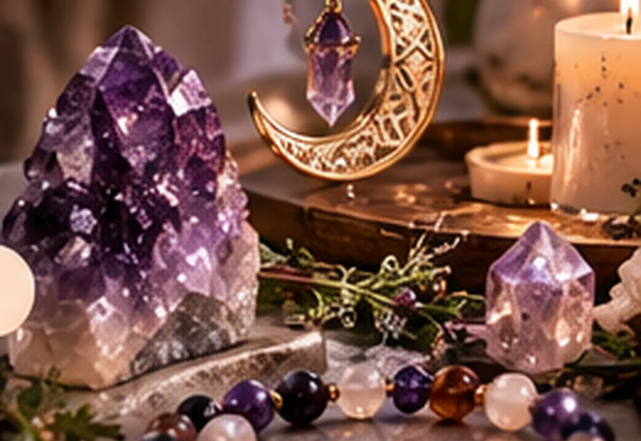 Amethystkristalle, Schmuck und Kerzenlicht als ruhige Produkt- und Materialszene.