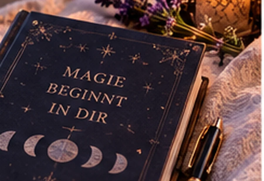 Dunkles Journal mit Mondphasen, Stift und warmen Ritualdetails als Symbol für Magiewelt Digital.