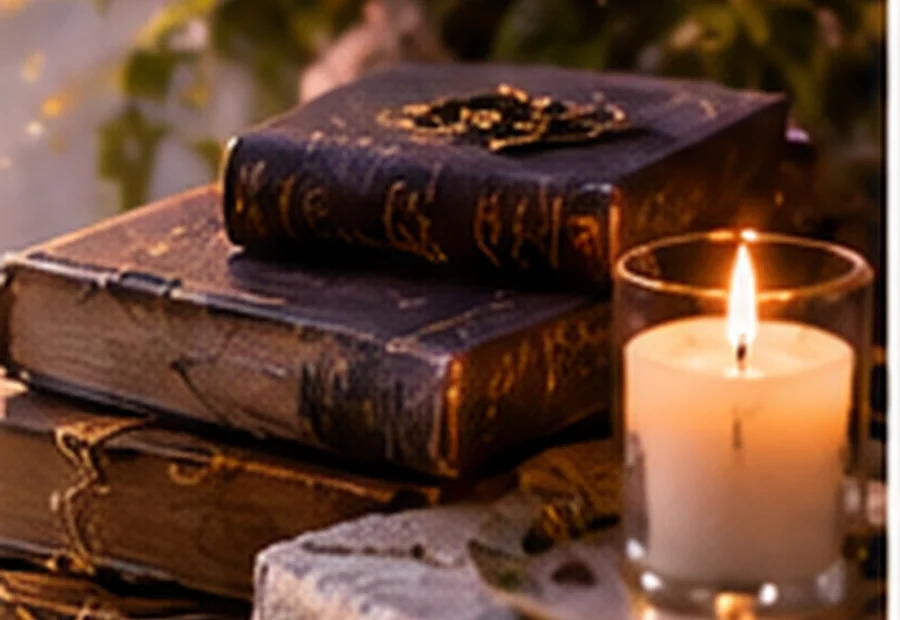 Dunkle gebundene Bücher und eine brennende Kerze in warmer, ruhiger Leseatmosphäre.