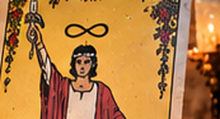 Redaktionelles Tarot-Key-Visual für Der Magier mit symbolischer Karte in warmer Ritualatmosphäre.