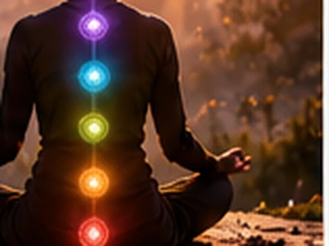 Redaktionelles Ratgeber-Key-Visual mit meditierender Silhouette und farbiger Chakra-Symbolik.