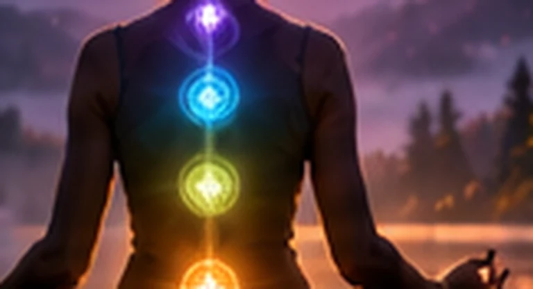 Redaktionelles Tool-Key-Visual mit meditierender Silhouette und farbiger Chakra-Symbolik.