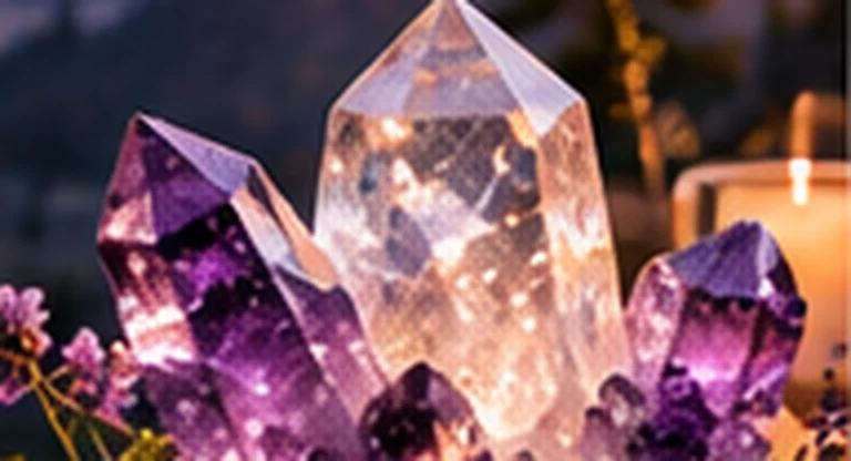Redaktionelles Tool-Key-Visual mit violetten und klaren Kristallen für den Heilstein-Finder.