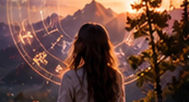 Redaktionelles Tool-Key-Visual mit persönlicher Symbolkarte, astrologischem Kreis und Berglandschaft.