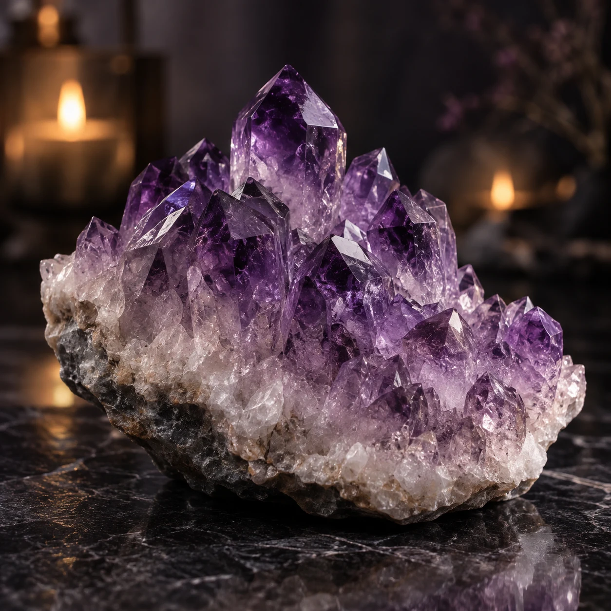 Fotorealistisches Einzelbild eines violetten Amethystclusters auf dunklem Steinuntergrund.