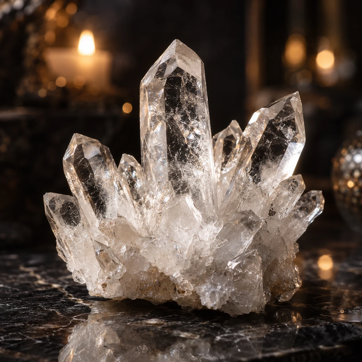 Fotorealistisches Einzelbild eines klaren Bergkristallclusters mit natürlichen Einschlüssen.