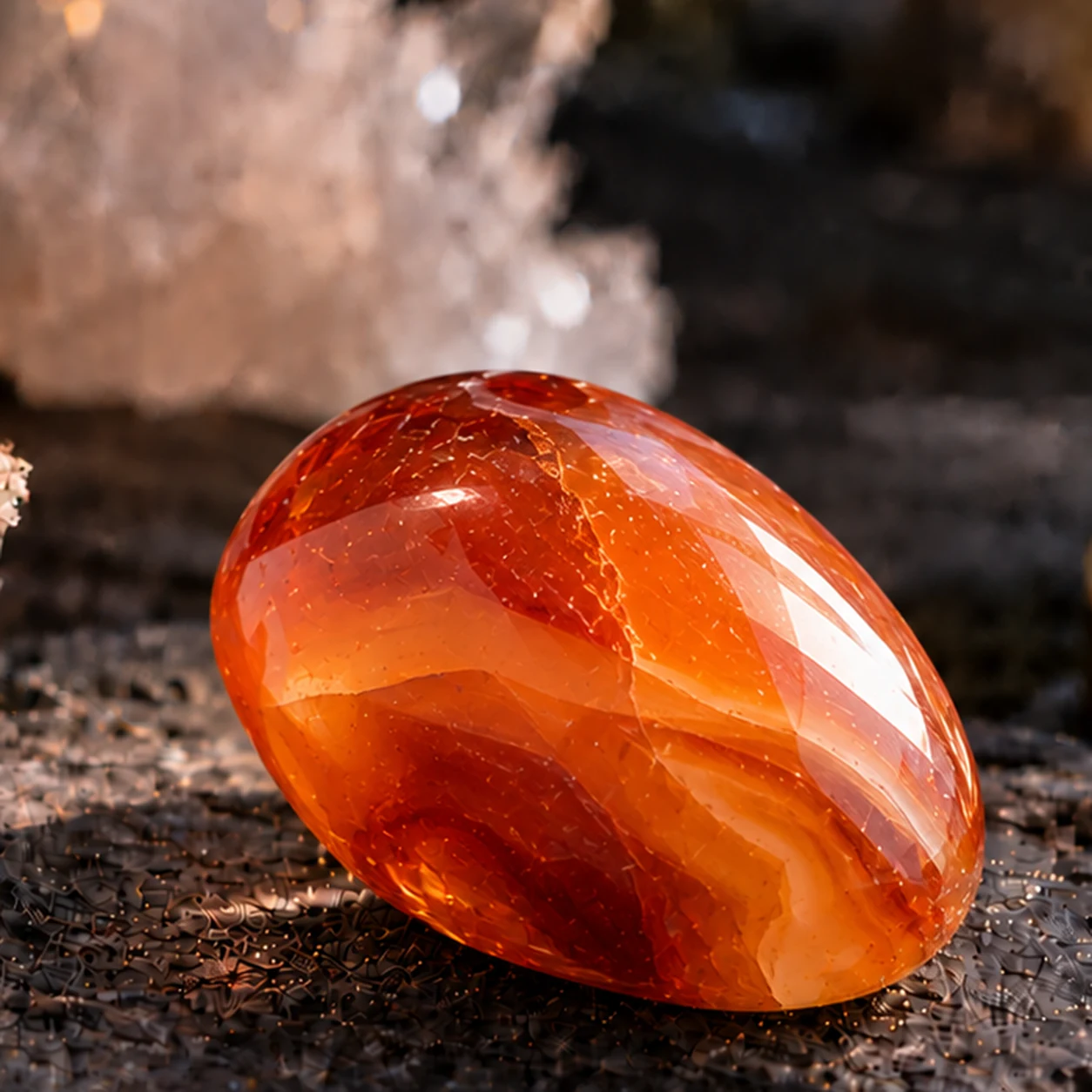 Fotorealistisches Einzelbild eines orange- bis rotbraunen Karneols mit transluzenter Chalcedonstruktur auf dunklem Steinuntergrund.