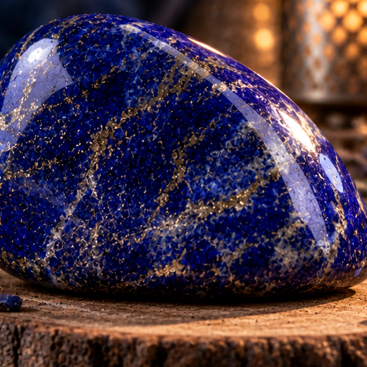 Fotorealistisches Einzelbild eines tiefblauen Lapislazuli mit goldfarbenen Pyritsprenkeln und heller Calcitzeichnung.