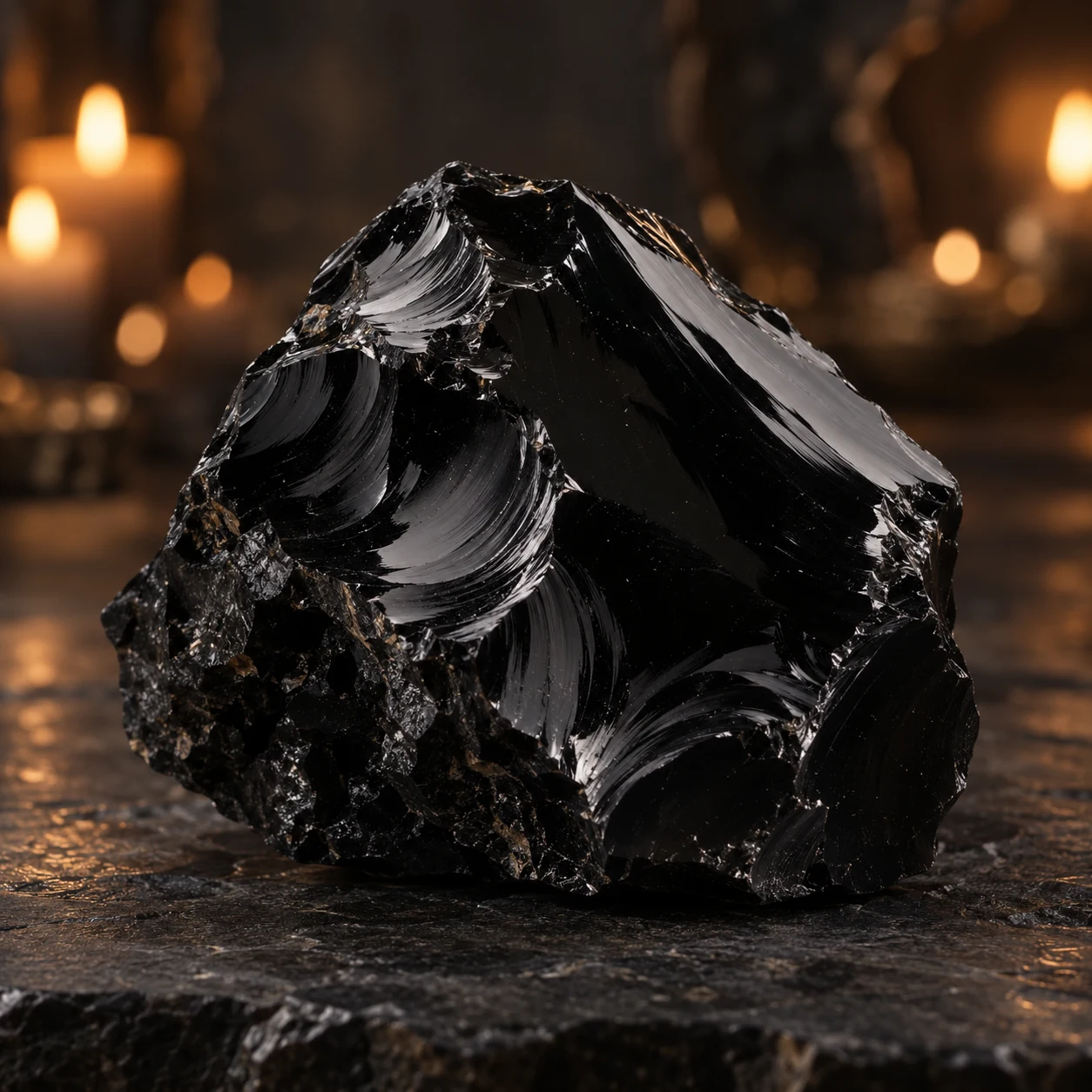 Fotorealistisches Einzelbild eines schwarzen Obsidians mit glasigem muscheligem Bruch.