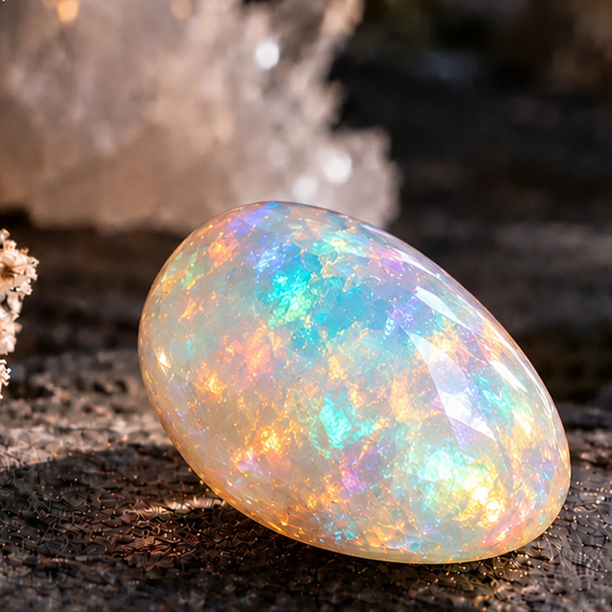 Fotorealistisches Einzelbild eines hellen Edelopals mit intensivem natuerlichem Farbspiel in Blau, Gruen, Orange und Violett auf dunklem Steinuntergrund.