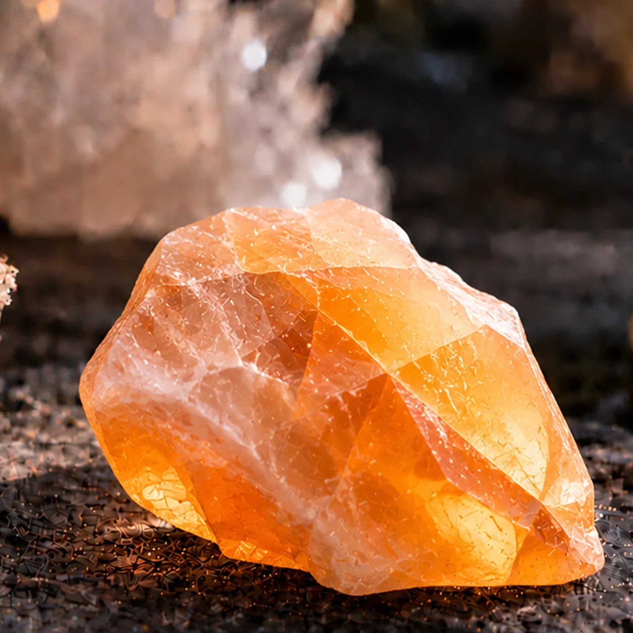 Fotorealistisches Einzelbild eines orange-cremefarbenen Orangencalcits mit milchiger, leicht transluzenter Calcitstruktur auf dunklem Steinuntergrund.