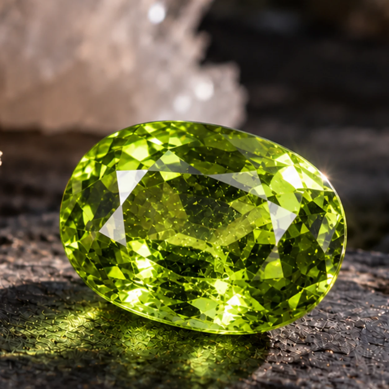 Fotorealistisches Einzelbild eines gelbgruenen bis olivgruenen facettierten Peridots mit natuerlichen inneren Einschluessen auf dunklem Steinuntergrund.