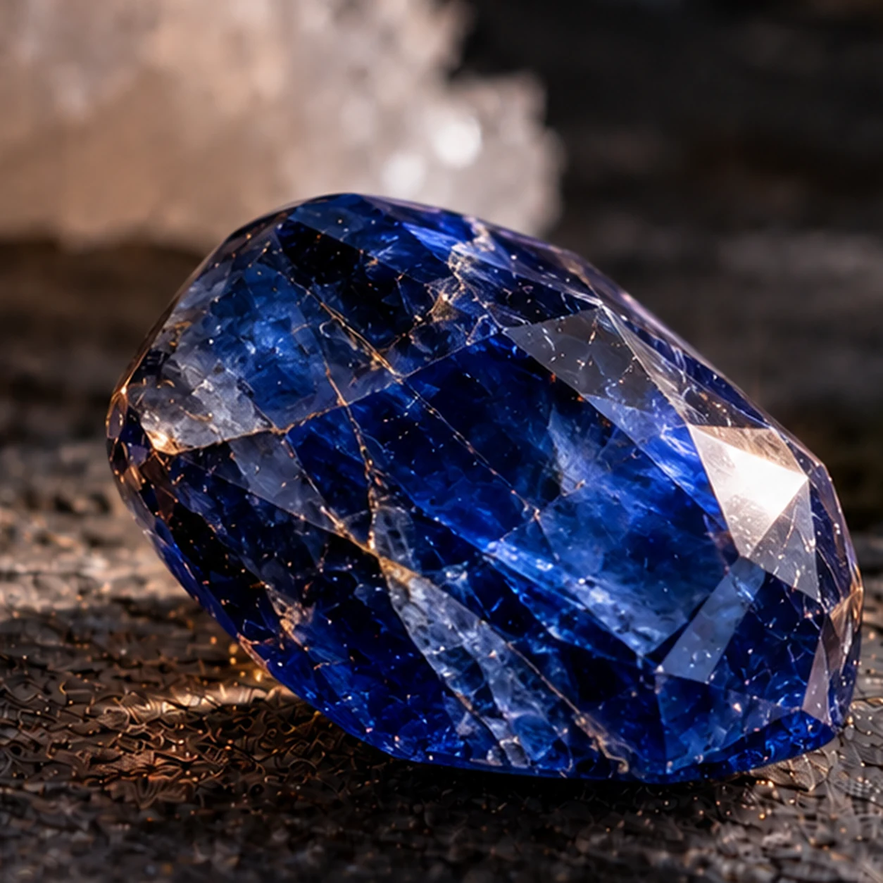 Fotorealistisches Einzelbild eines tiefblauen Saphirs mit sichtbaren natuerlichen Einschluessen und starkem Korundglanz auf dunklem Steinuntergrund.