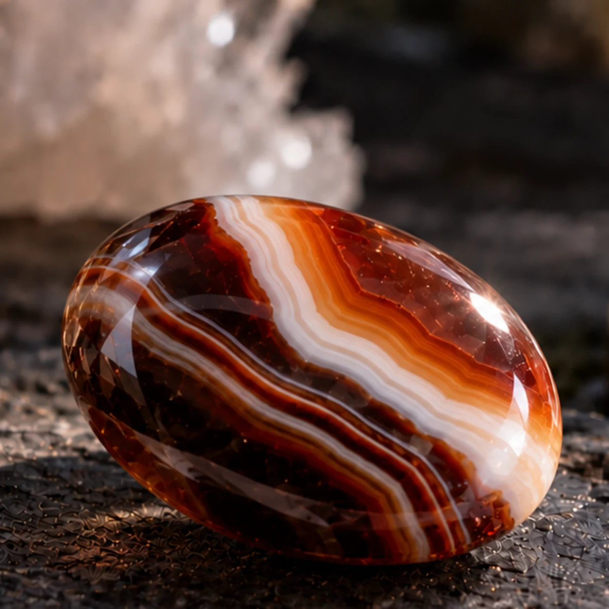 Fotorealistisches Einzelbild eines polierten Sardonyx mit markanten rotbraunen, cremefarbenen und weissen Chalcedonbaendern auf dunklem Steinuntergrund.