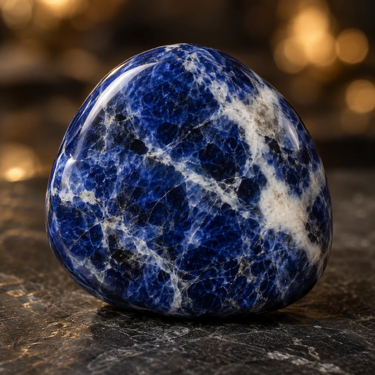 Fotorealistisches Einzelbild eines tiefblauen Sodaliths mit unregelmaessigen weissen Calcitadern und ohne Pyritsprenkel auf dunklem Steinuntergrund.
