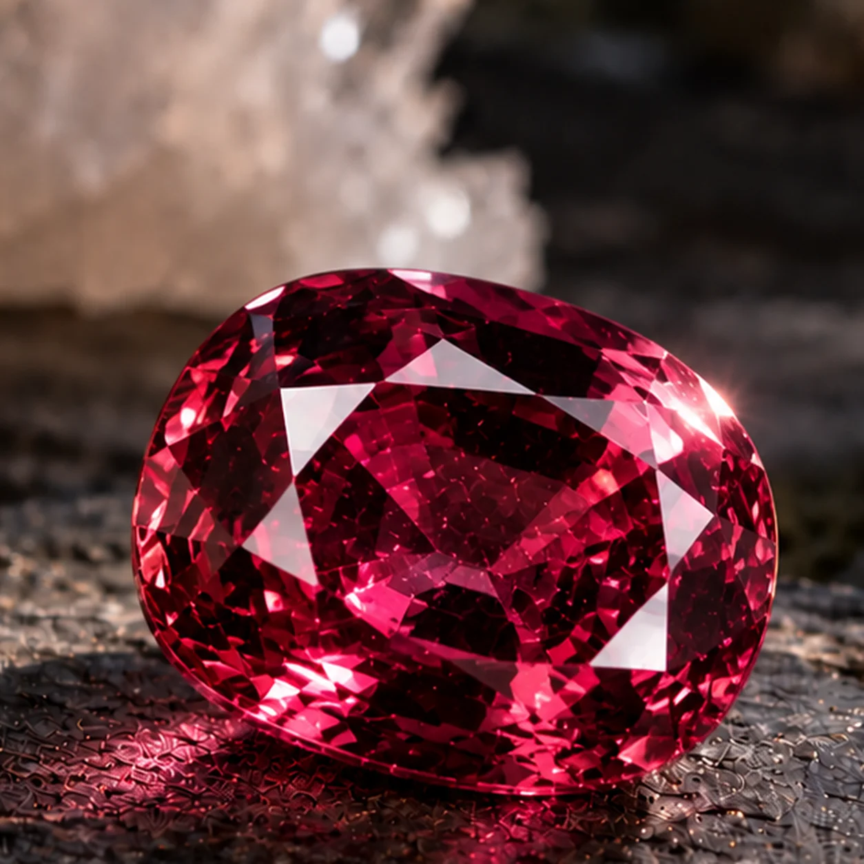 Fotorealistisches Einzelbild eines leuchtend rot bis purpurroten Spinells mit starkem Glanz und transparentem Edelsteincharakter auf dunklem Steinuntergrund.