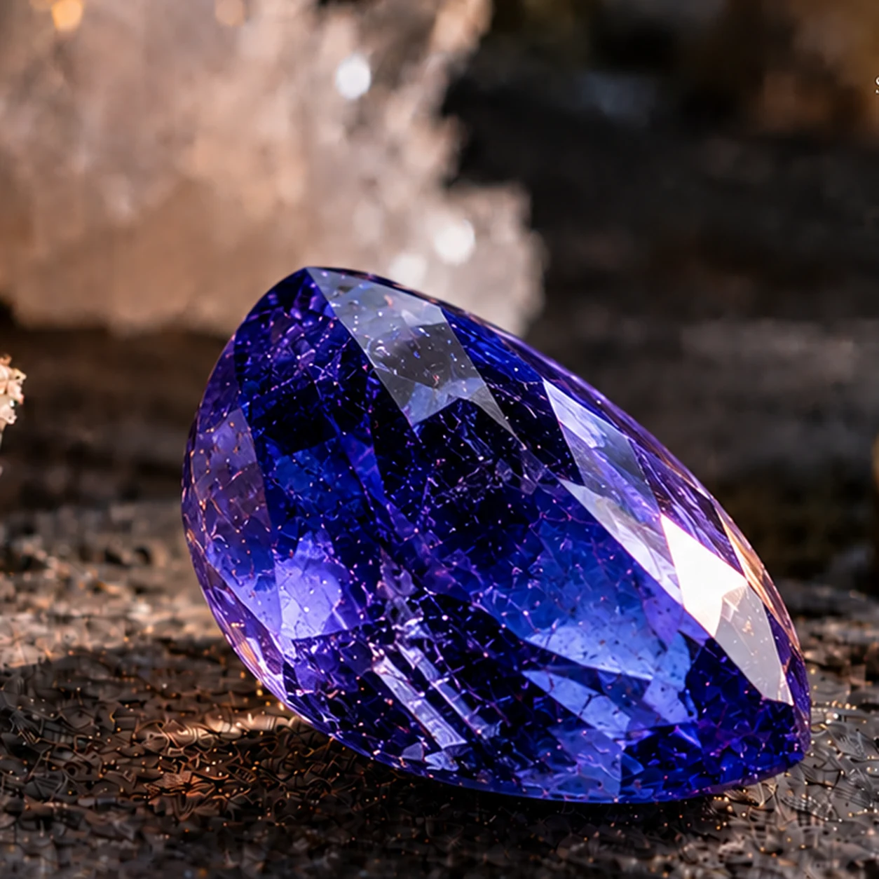 Fotorealistisches Einzelbild eines blauvioletten Tansanits mit charakteristischem Pleochroismus und sichtbaren natuerlichen Einschluessen auf dunklem Steinuntergrund.