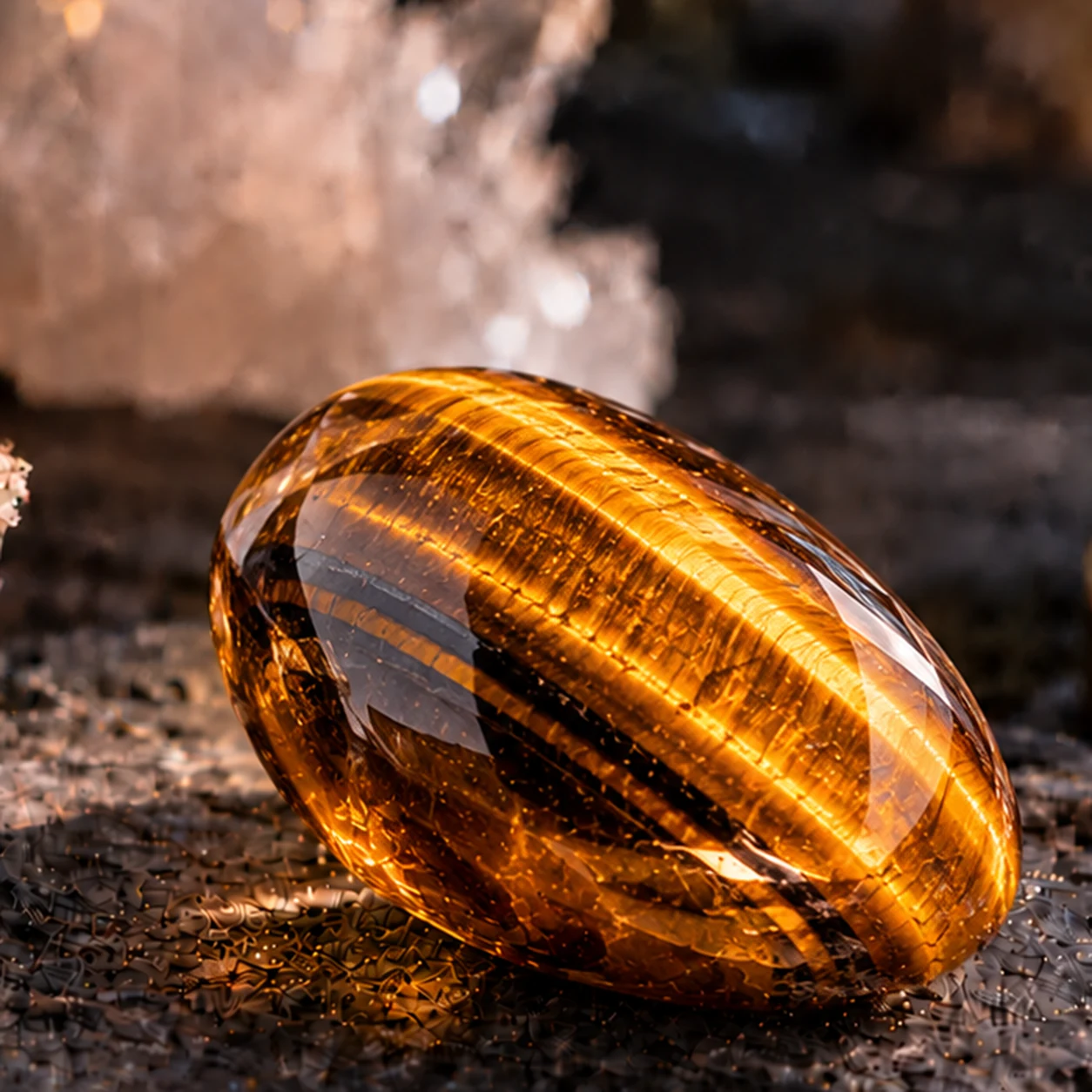 Fotorealistisches Einzelbild eines goldbraunen Tigerauges mit ausgepraegtem seidigem Katzenaugeneffekt auf dunklem Steinuntergrund.