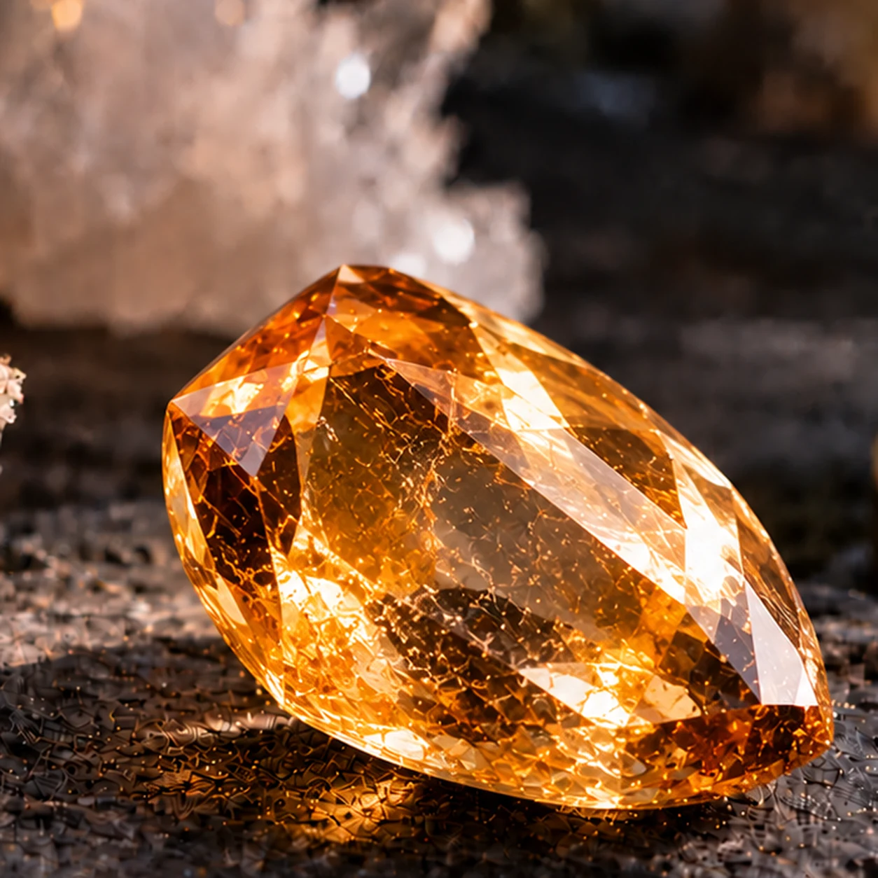 Fotorealistisches Einzelbild eines goldgelben Topas mit hoher Transparenz, starkem Glanz und natuerlichen inneren Strukturen auf dunklem Steinuntergrund.