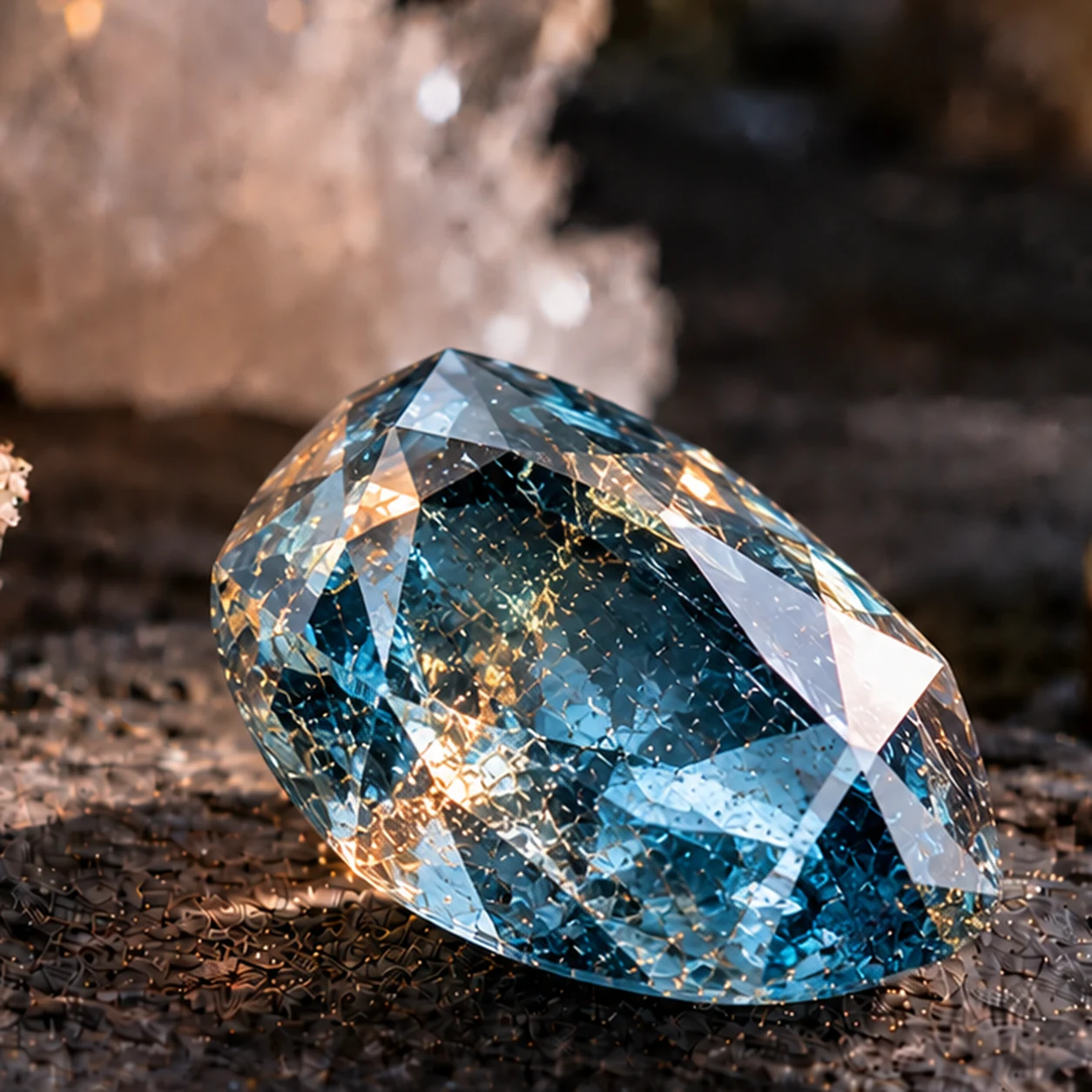 Fotorealistisches Einzelbild eines hellblauen Zirkons mit hoher Brillanz und starkem Feuer auf dunklem Steinuntergrund.
