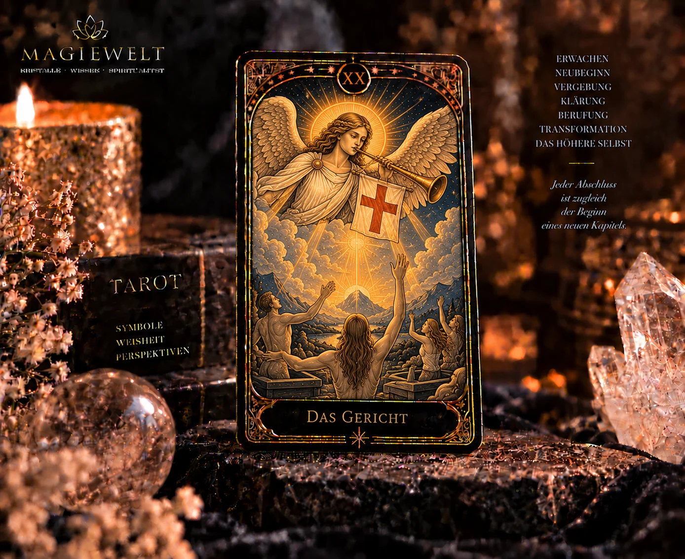 Hochwertiges Magiewelt-Tarot-Key-Visual für Das Gericht mit eigenständiger Symbolszene im schwarz-goldenen Kartenstil.