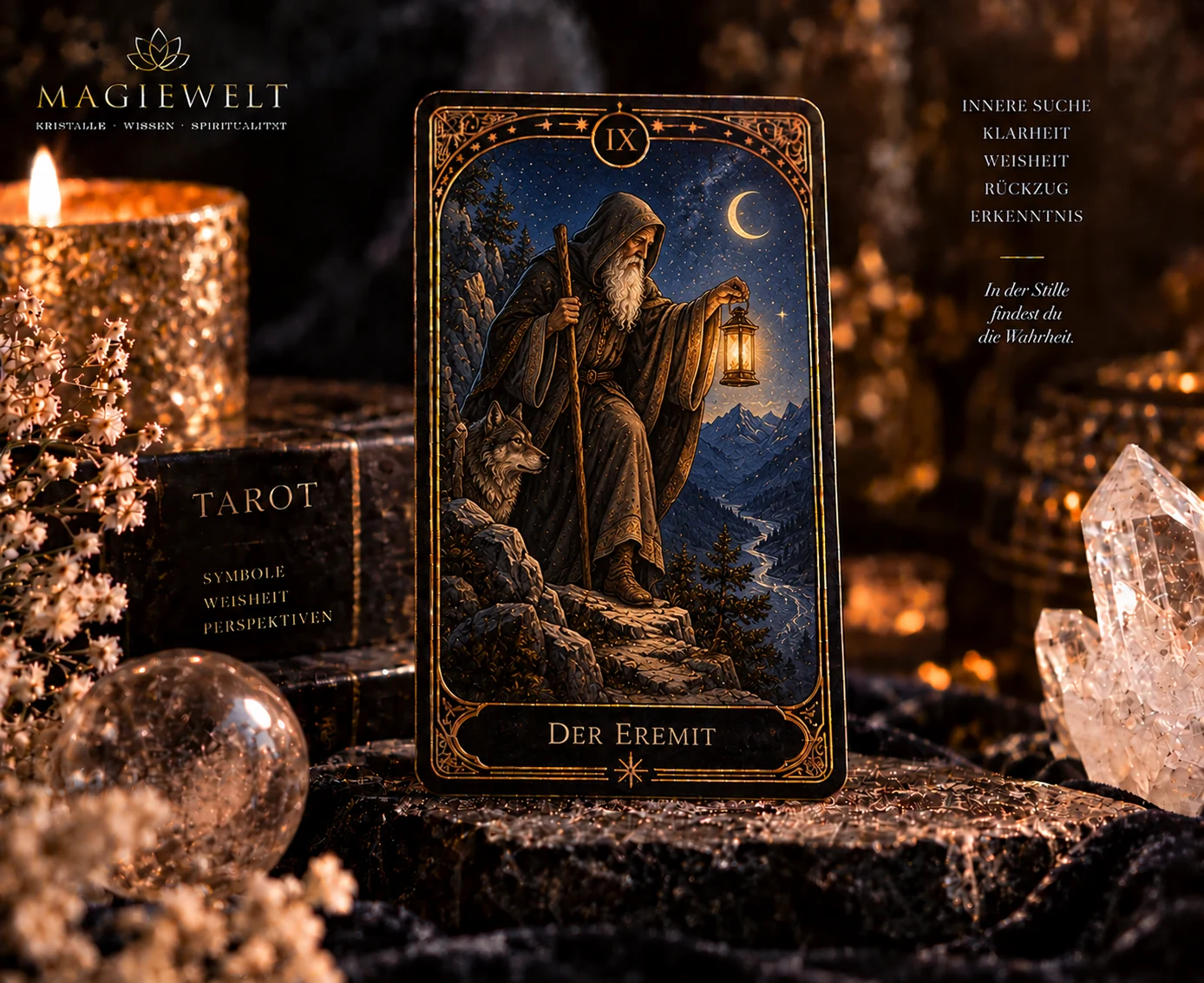 Hochwertiges Magiewelt-Tarot-Key-Visual für Der Eremit mit eigenständiger Symbolszene im schwarz-goldenen Kartenstil.