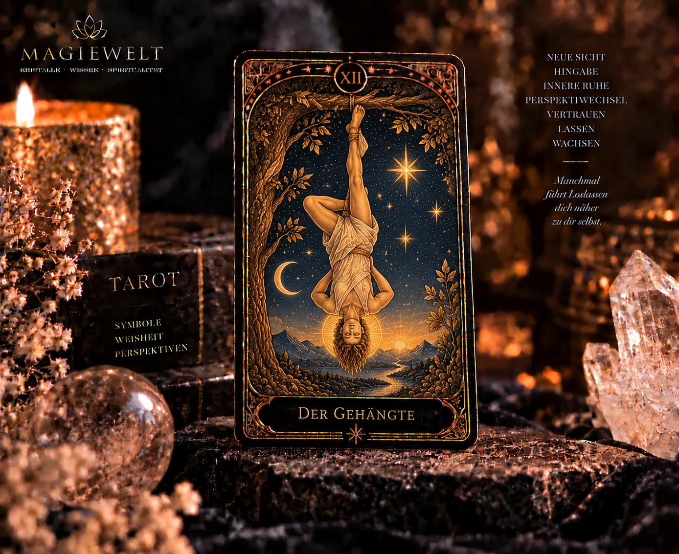 Hochwertiges Magiewelt-Tarot-Key-Visual für Der Gehaengte mit eigenständiger Symbolszene im schwarz-goldenen Kartenstil.