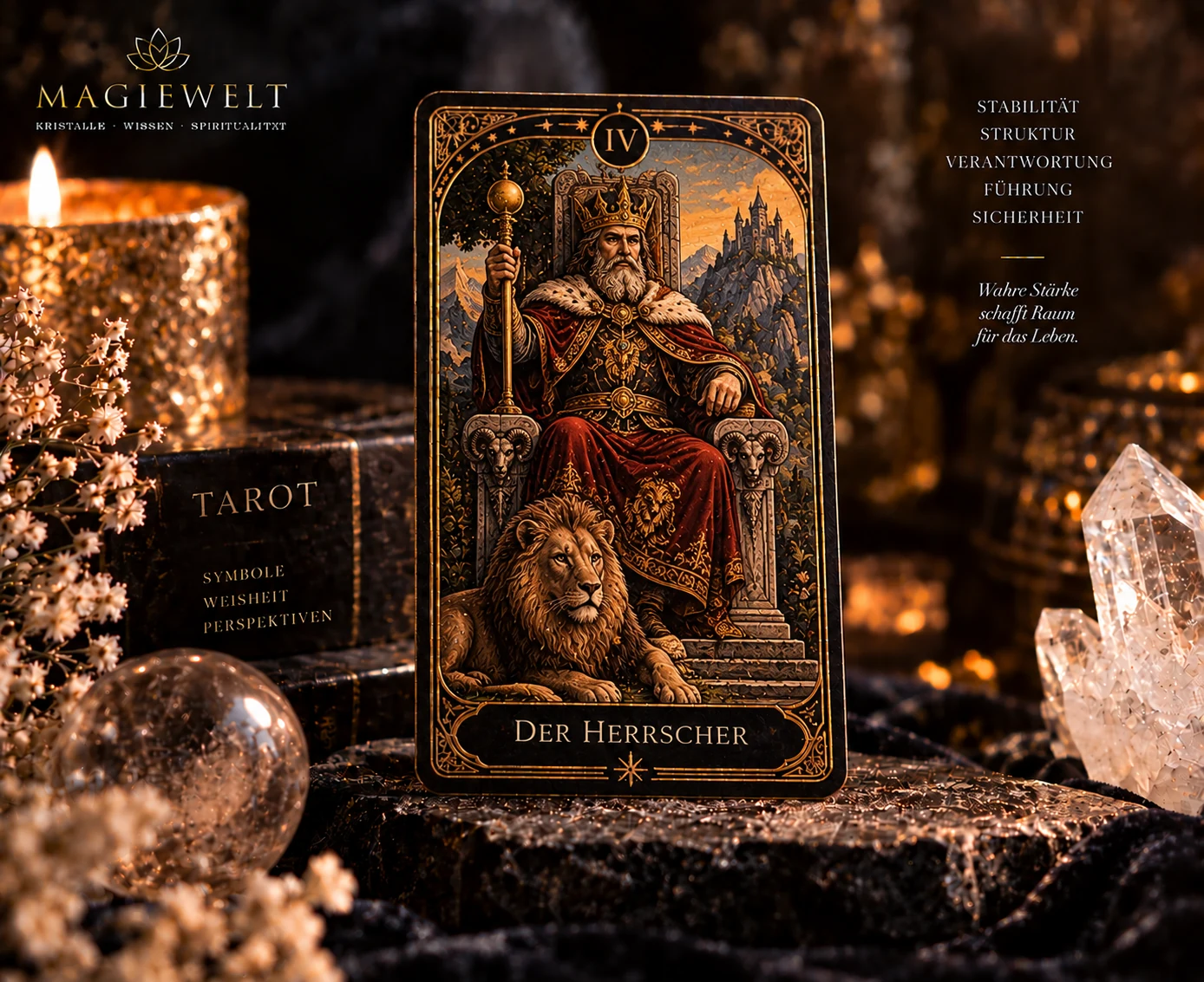 Hochwertiges Magiewelt-Tarot-Key-Visual für Der Herrscher mit eigenständiger Symbolszene im schwarz-goldenen Kartenstil.