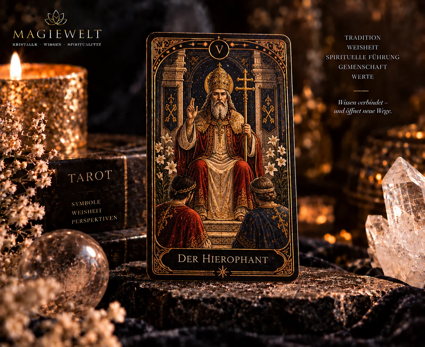 Hochwertiges Magiewelt-Tarot-Key-Visual für Der Hierophant mit eigenständiger Symbolszene im schwarz-goldenen Kartenstil.