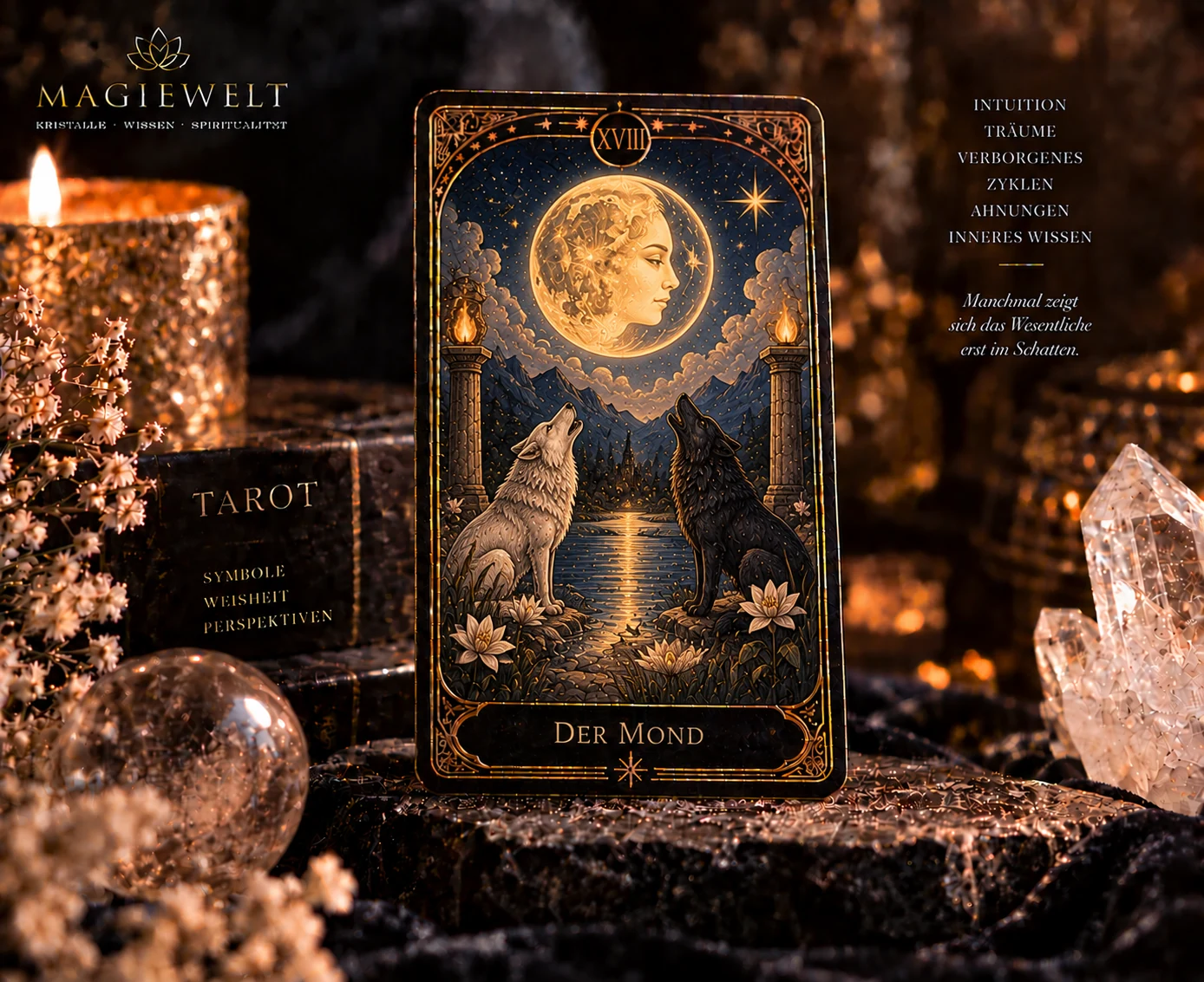 Hochwertiges Magiewelt-Tarot-Key-Visual für Der Mond mit eigenständiger Symbolszene im schwarz-goldenen Kartenstil.