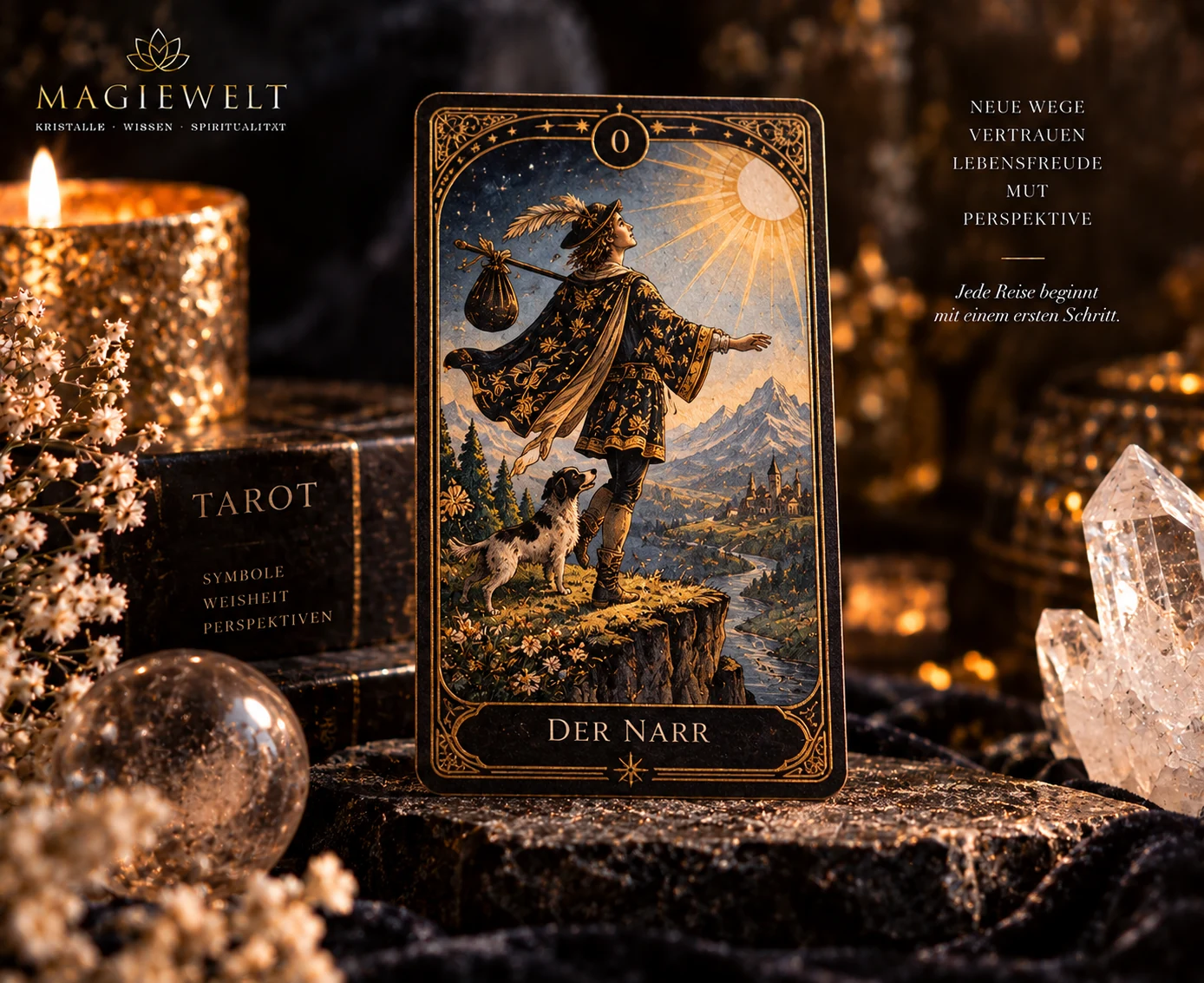 Hochwertiges Magiewelt-Tarot-Key-Visual für Der Narr mit eigenständiger Symbolszene im schwarz-goldenen Kartenstil.