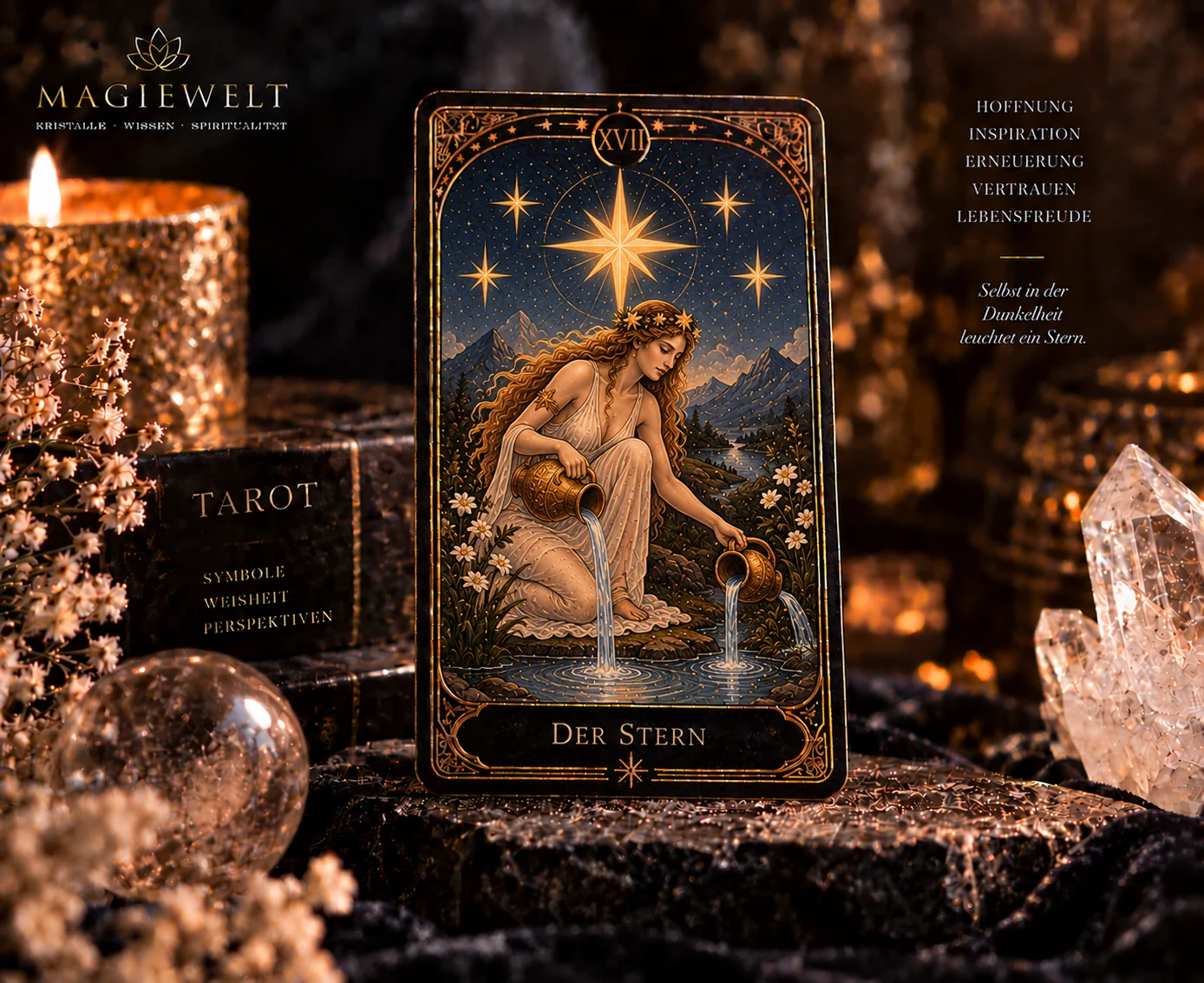 Hochwertiges Magiewelt-Tarot-Key-Visual für Der Stern mit eigenständiger Symbolszene im schwarz-goldenen Kartenstil.