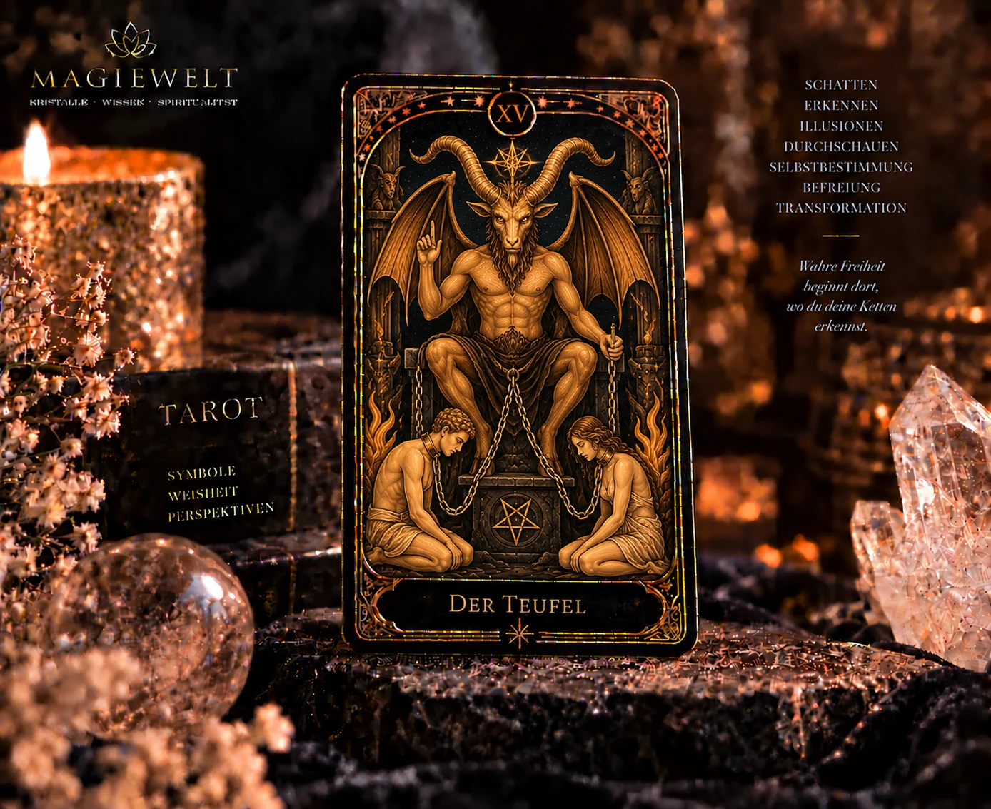 Hochwertiges Magiewelt-Tarot-Key-Visual für Der Teufel mit eigenständiger Symbolszene im schwarz-goldenen Kartenstil.