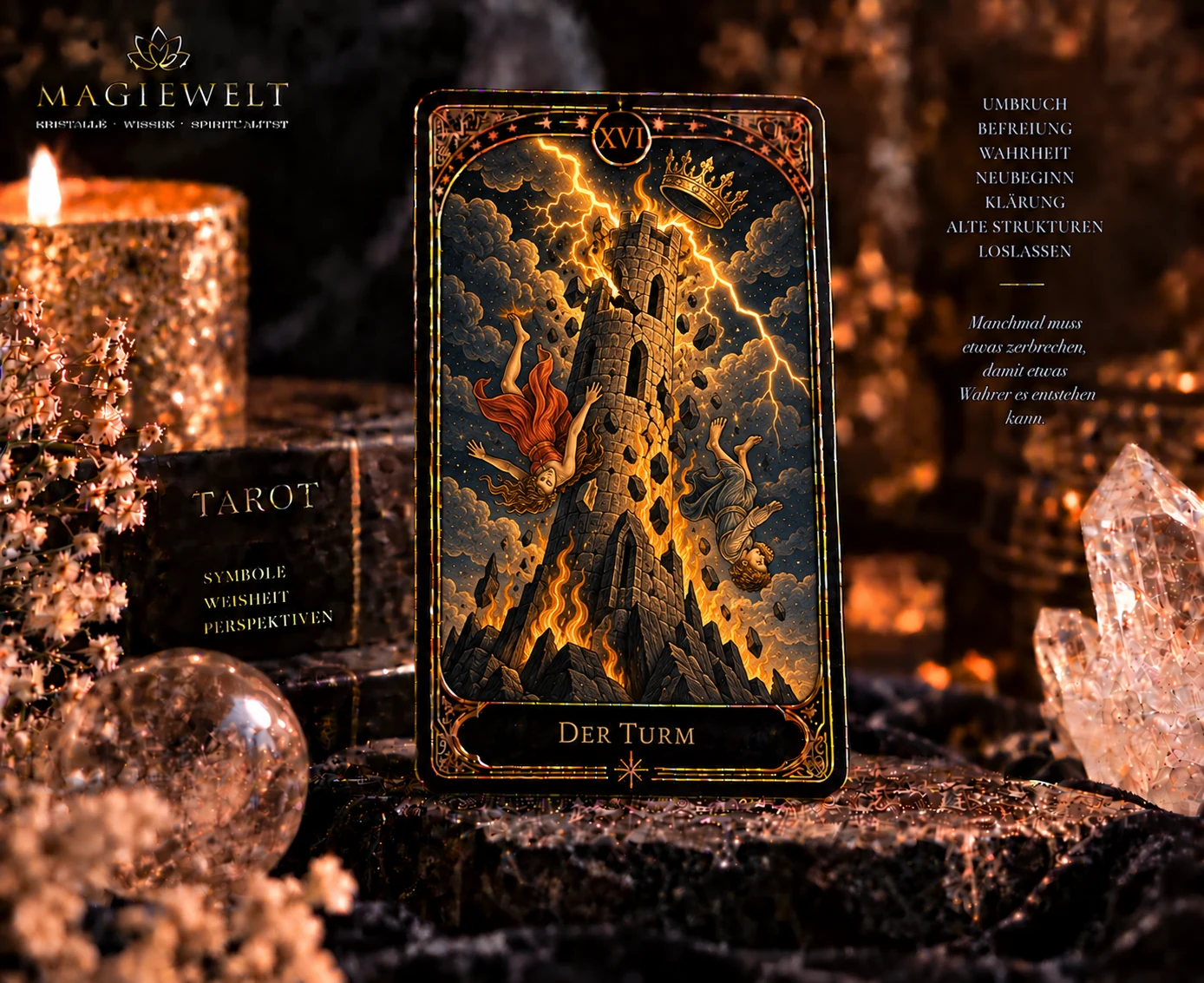 Hochwertiges Magiewelt-Tarot-Key-Visual für Der Turm mit eigenständiger Symbolszene im schwarz-goldenen Kartenstil.