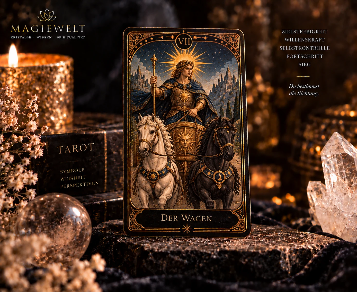 Hochwertiges Magiewelt-Tarot-Key-Visual für Der Wagen mit eigenständiger Symbolszene im schwarz-goldenen Kartenstil.