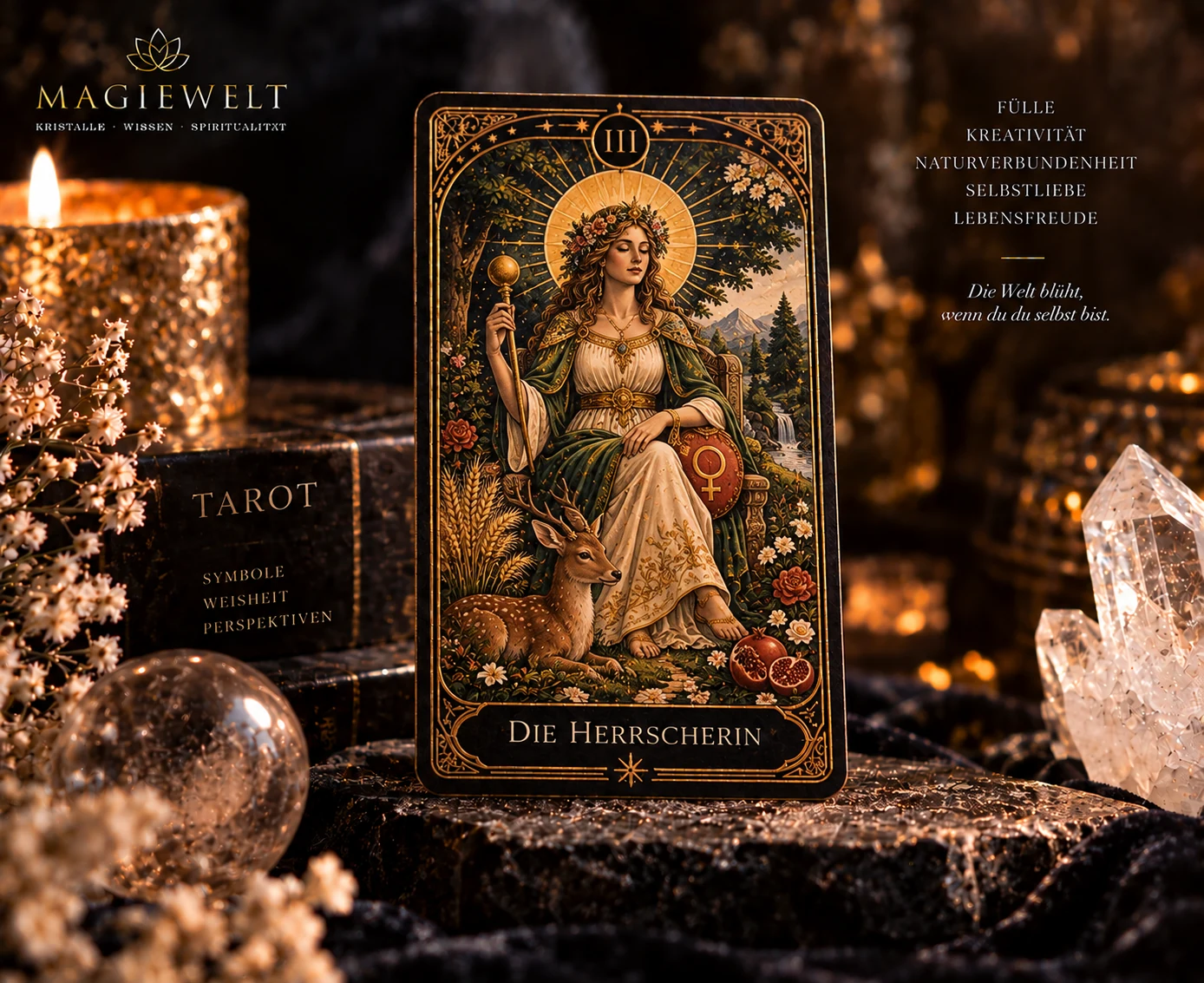 Hochwertiges Magiewelt-Tarot-Key-Visual für Die Herrscherin mit eigenständiger Symbolszene im schwarz-goldenen Kartenstil.