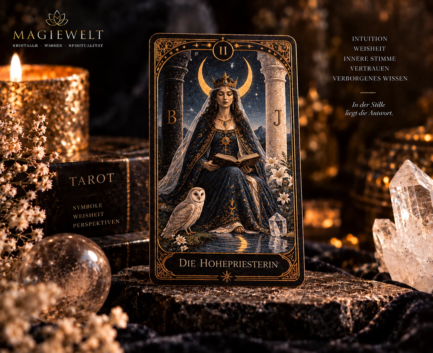Hochwertiges Magiewelt-Tarot-Key-Visual für Die Hohepriesterin mit eigenständiger Symbolszene im schwarz-goldenen Kartenstil.