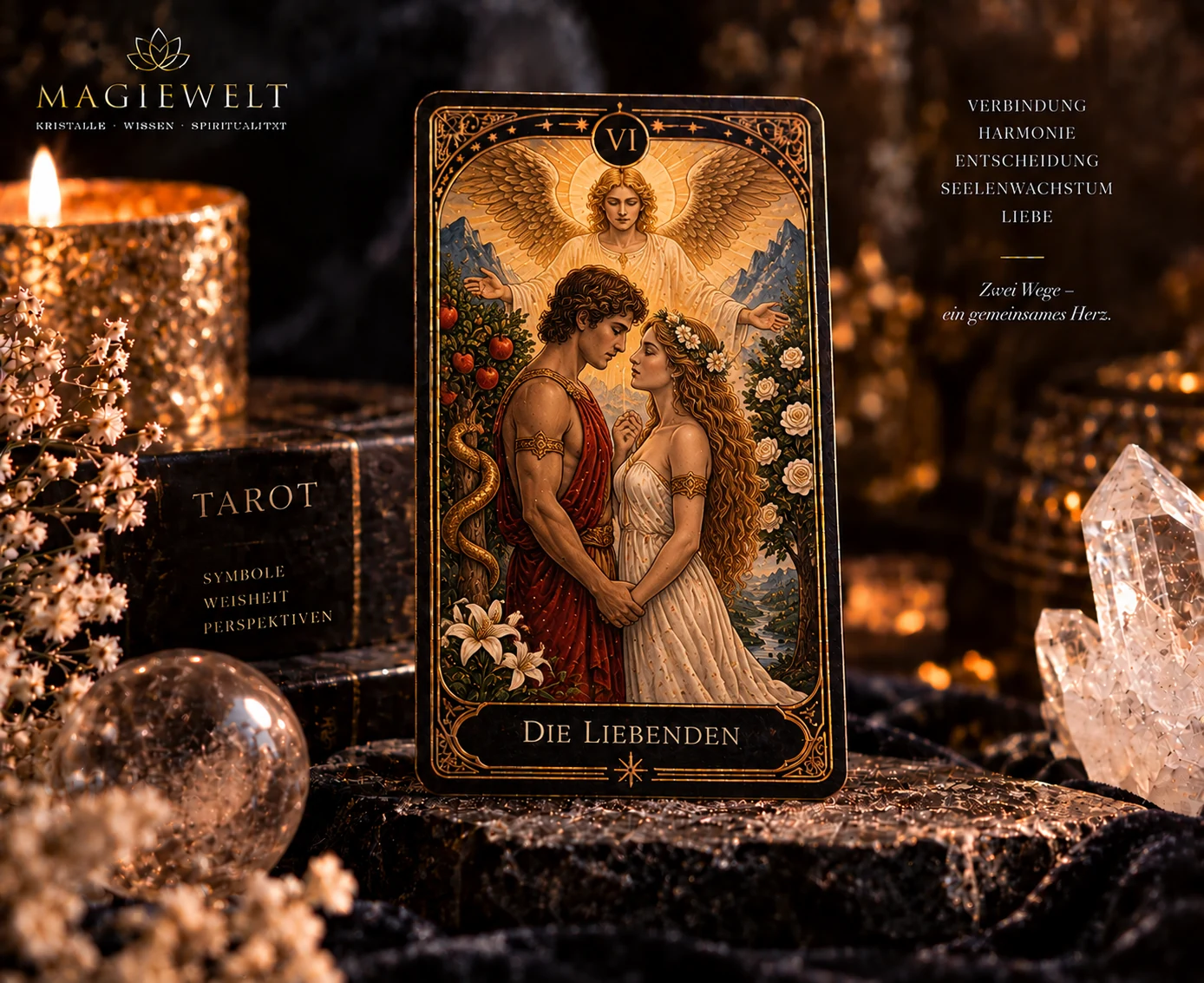 Hochwertiges Magiewelt-Tarot-Key-Visual für Die Liebenden mit eigenständiger Symbolszene im schwarz-goldenen Kartenstil.
