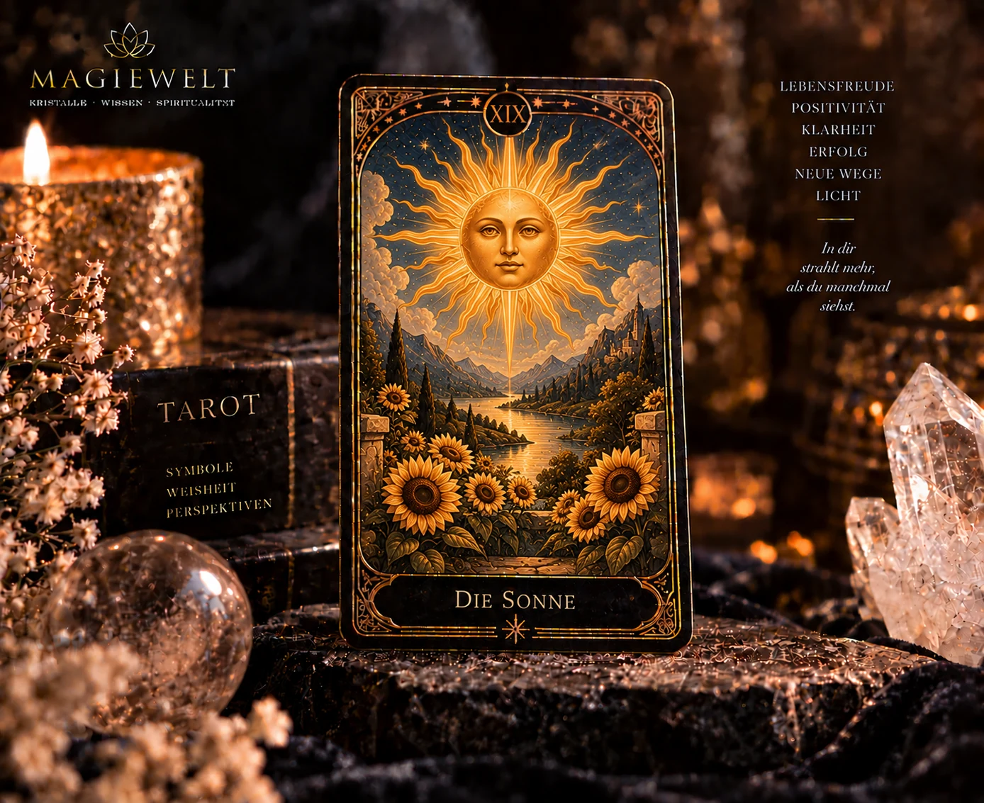 Hochwertiges Magiewelt-Tarot-Key-Visual für Die Sonne mit eigenständiger Symbolszene im schwarz-goldenen Kartenstil.