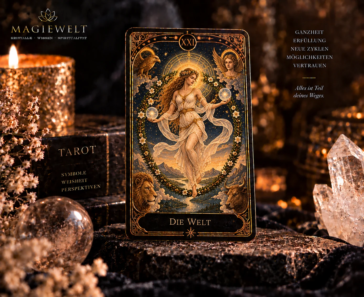 Hochwertiges Magiewelt-Tarot-Key-Visual für Die Welt mit eigenständiger Symbolszene im schwarz-goldenen Kartenstil.