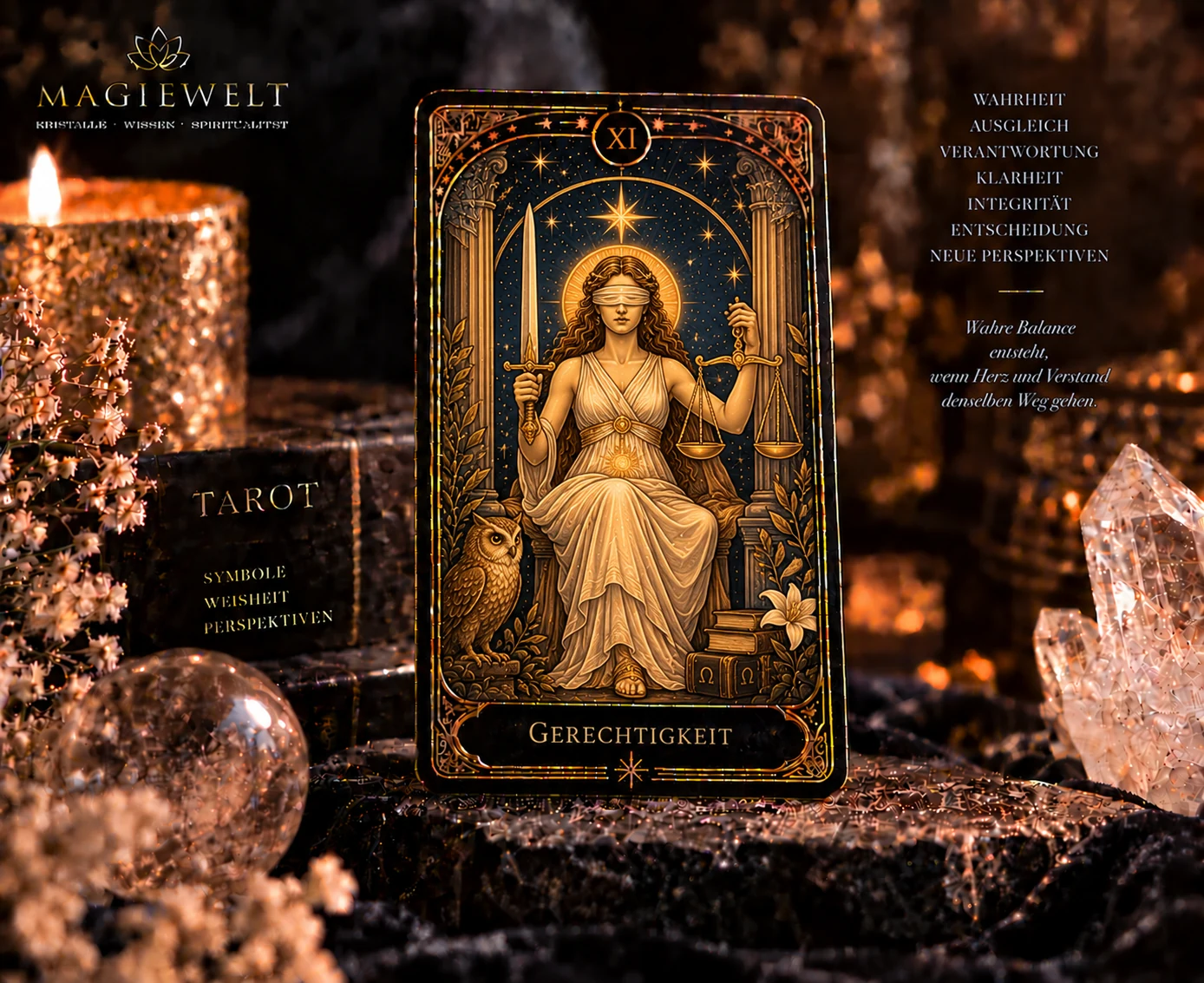 Hochwertiges Magiewelt-Tarot-Key-Visual für Gerechtigkeit mit eigenständiger Symbolszene im schwarz-goldenen Kartenstil.