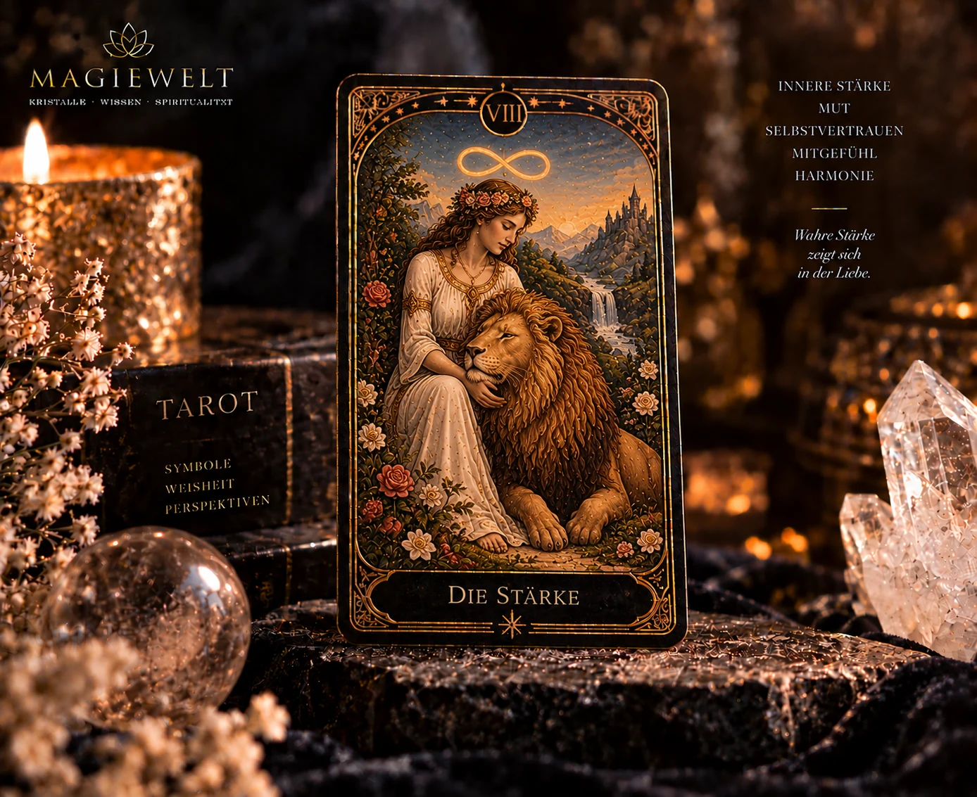 Hochwertiges Magiewelt-Tarot-Key-Visual für Kraft mit eigenständiger Symbolszene im schwarz-goldenen Kartenstil.