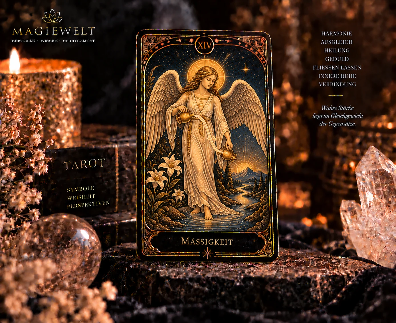 Hochwertiges Magiewelt-Tarot-Key-Visual für Maessigkeit mit eigenständiger Symbolszene im schwarz-goldenen Kartenstil.