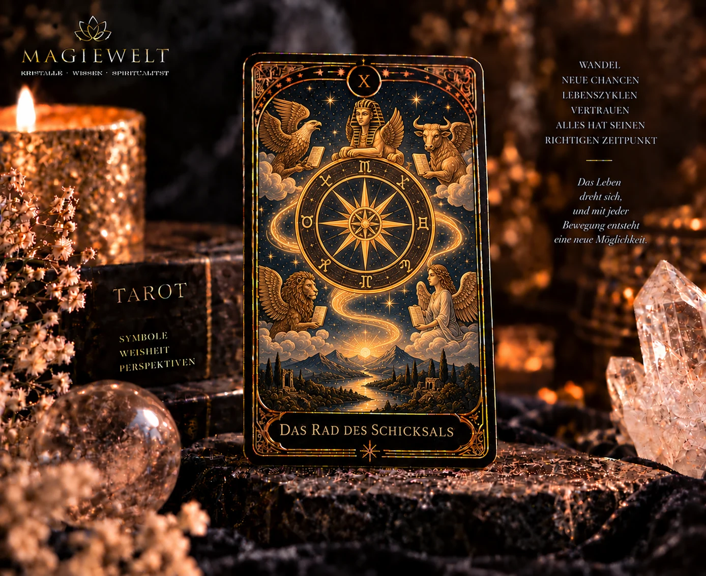 Hochwertiges Magiewelt-Tarot-Key-Visual für Rad des Schicksals mit eigenständiger Symbolszene im schwarz-goldenen Kartenstil.