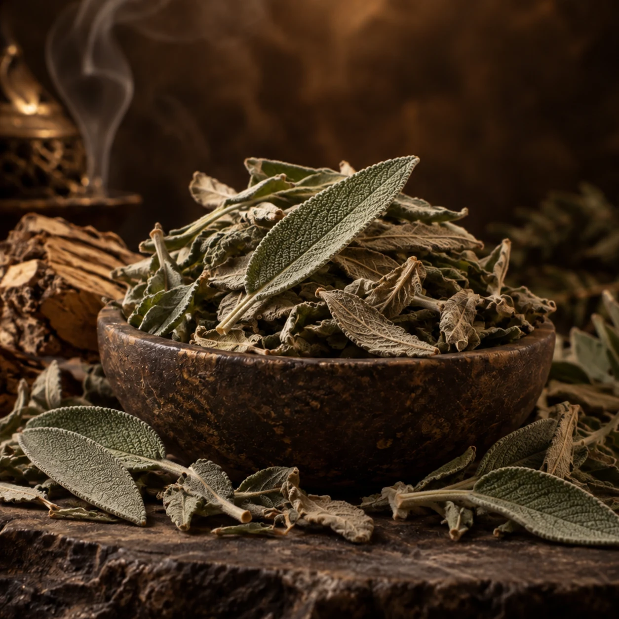Fotorealistisches Einzelbild von getrockneten Blättern des Gartensalbeis Salvia officinalis auf dunklem Steinuntergrund.